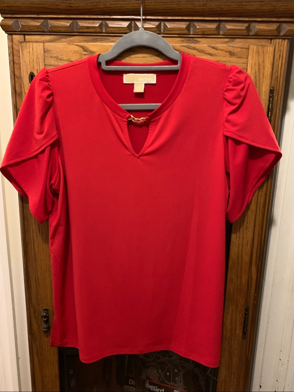 Michael Kors Bright Red Short-Sleeve Top with Gold Chain Accent